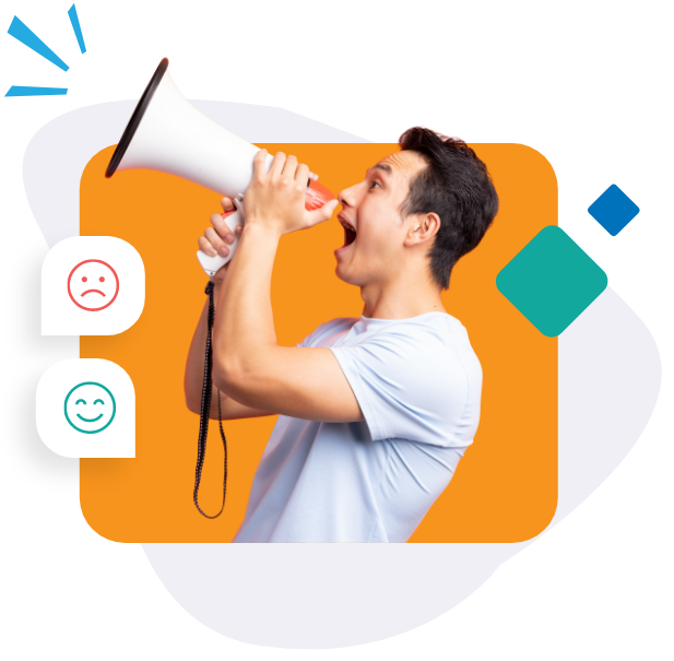 Man happily shouting through megaphone